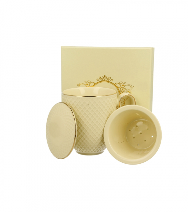 Hrnček ECRU VESPER so sitkom, so zlatým lemom