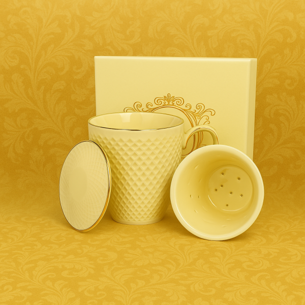 Hrnček ECRU VESPER so sitkom, so zlatým lemom