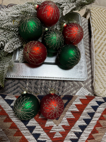 Vianočné ozdobné gule, červené - zelené, mix, 8 cm, 12 ks v balení