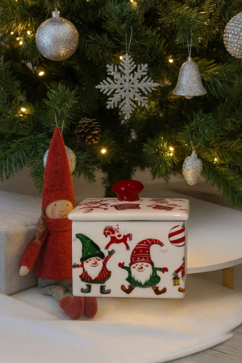 Vianočná keramická nádoba, škriatkovia, keramická, 15x15x13 cm