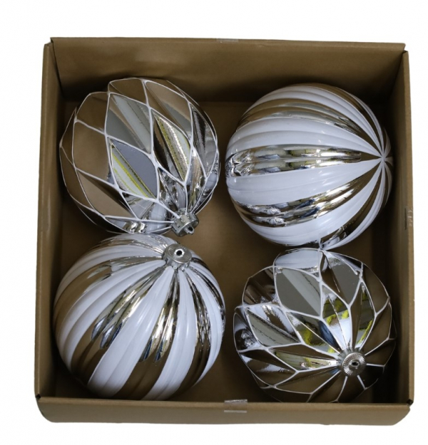 Vianočné ozdobné gule, bielo - strieborné, 15 cm, 4 ks v balení