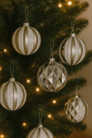 Vianočné ozdobné gule, bielo - strieborné, 15 cm, 4 ks v balení
