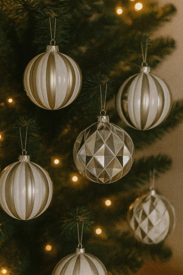 Vianočné ozdobné gule, bielo - strieborné, 15 cm, 4 ks v balení