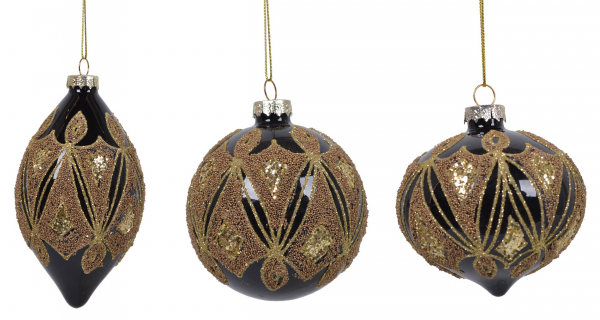 Vianočné ozdobné gule, čierno - zlatá farba, mix 3 vzory, 12 ks v balení