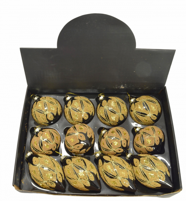 Vianočné ozdobné gule, čierno - zlatá farba, mix 3 vzory, 12 ks v balení