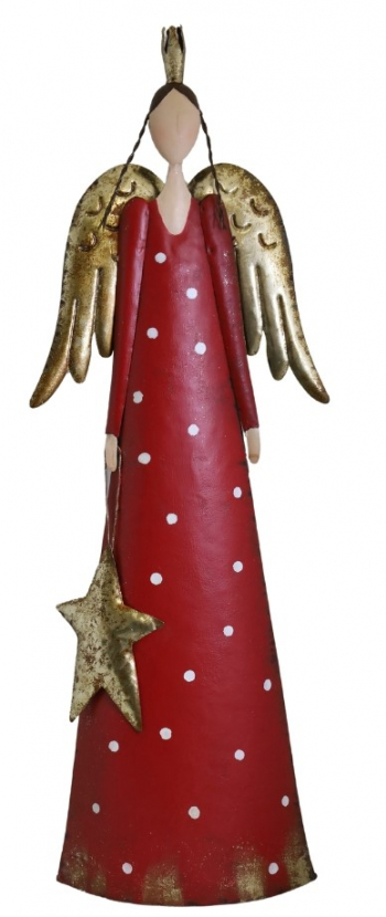 Vianočný kovový anjel, červený, 27x12x74 cm
