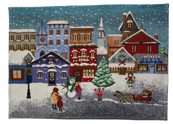 Vianočná podložka pod tanier, dekorovaná, mestečko, 33x48 cm