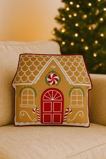 Vianočný vankúš, dekorovaný, domček, perníkový, 41x42 cm