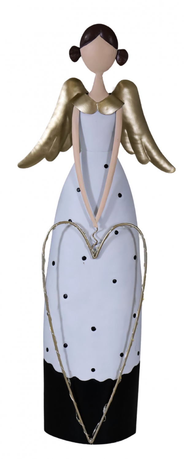 Vianočný kovový anjel, bielo-čierny, 12x10x48 cm, LED