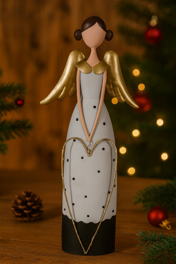 Vianočný kovový anjel, bielo-čierny, 12x10x48 cm, LED