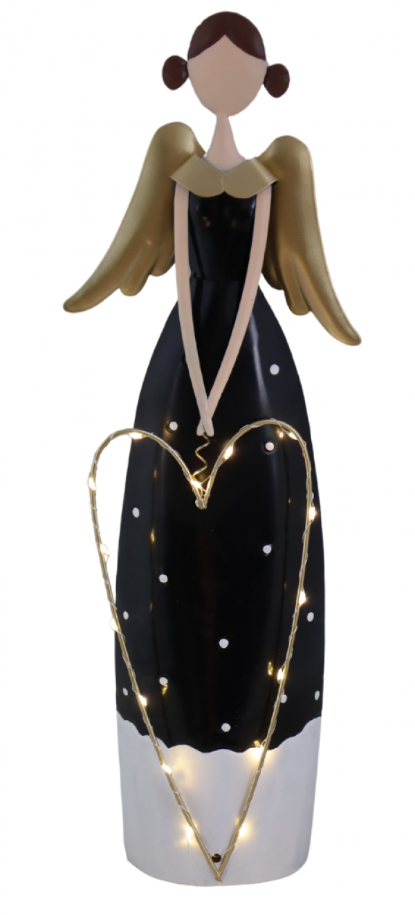 Vianočný kovový anjel, bielo-čierny, 12x10x47 cm, LED