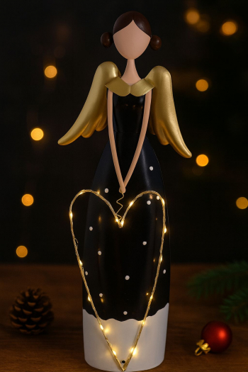 Vianočný kovový anjel, bielo-čierny, 12x10x47 cm, LED