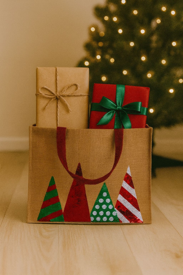 Vianočná taška, hnedá, dekorovaná, 28x33x10 cm