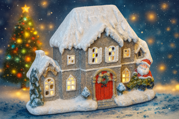 Vianočný dekoračný domček, svetlý, keramika, LED