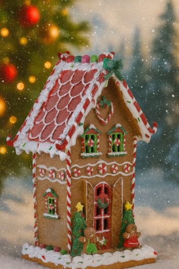 Vianočný dekoračný domček, perníkový, dekorovaný, LED