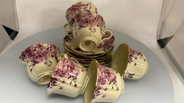 Šálka s podšálkou, kvetinová, 6 ks v sade, bez obalu, poškod.