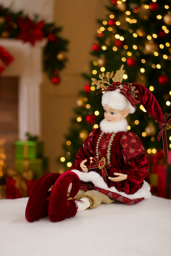 Vianočná dekoračná figúrka ELF, červený, sediaci, 31x27x51 cm