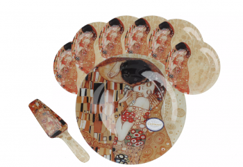 Sada dezertných tanierov s naberačkou, G. Klimt, bozk, sada pre 6 osôb