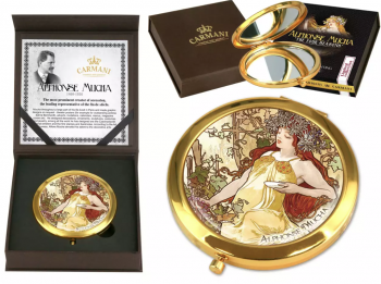 Dekorované zrkadielko, A. Mucha, 4 ročné obdobia, jeseň, 11x11 cm