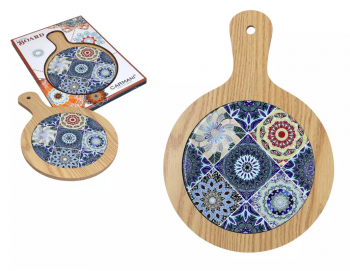 Keramická podložka na drevenom denku, modrý ornament, 18x30 cm