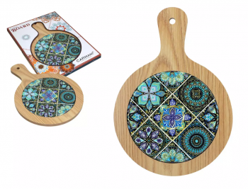 Keramická podložka na drevenom denku, zelenkavý ornament, 18x30 cm