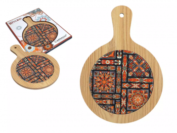 Keramická podložka na drevenom denku, červený ornament, 18x30 cm