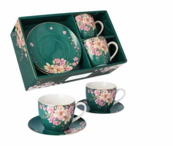 Sada šálok so spodkom, zelené kvetinové, 2 ks v sade, 250 ml