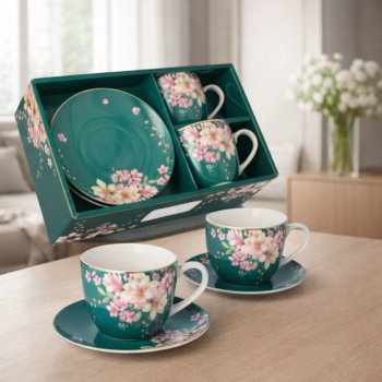 Sada šálok so spodkom, zelené kvetinové, 2 ks v sade, 250 ml