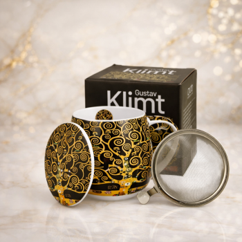 Hrnček so zaparovačom a poklopom, G. Klimt, strom života, hnedý, 430 ml