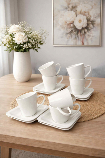 Sada šálok s podšálkami, biele, 6 ks v balení