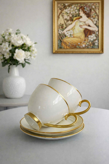 Sada šálok s podšálkami, biele so zlatým lemom, 2 ks v balení