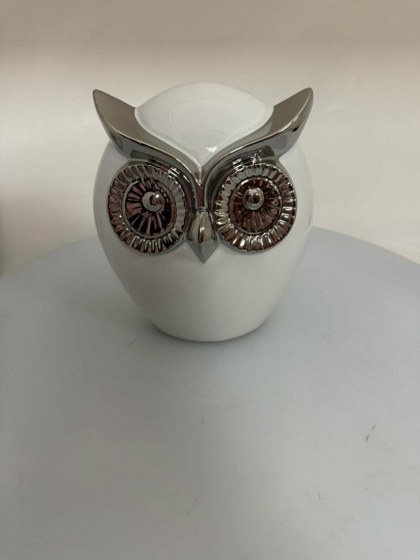 Dekoračná soška, sova, porcelánová, bielo - strieborná, 18x16x11 cm