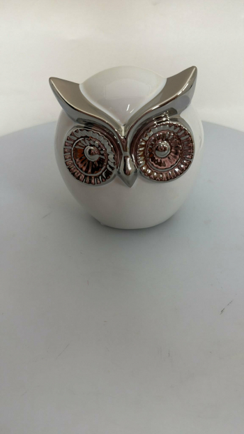 Dekoračná soška, sova, porcelánová, bielo - strieborná, 14x13x9 cm
