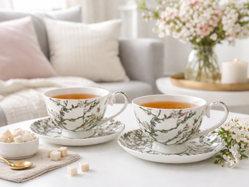 Sada dekorovaných kvetinových šálok s podšálkami, svetlé, 250 ml