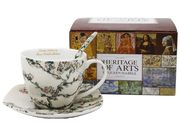 Dekorovaná kvetinová šálka s podšálkou a lyžičkou, 250 ml