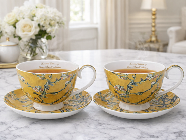 Sada dekorovaných kvetinových šálok s podšálkami, žlté, 250 ml