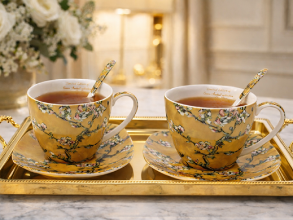 Sada dekorovaných kvetinových šálok s podšálkami a lyžičkami, žlté, 250 ml