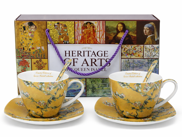 Sada dekorovaných kvetinových šálok s podšálkami a lyžičkami, žlté, 250 ml