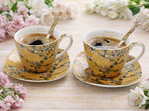 Sada kvetinových šálok s podšálkami a lyžičkami, žlté, 250 ml