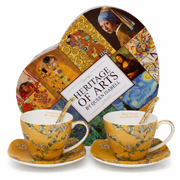 Sada kvetinových šálok s podšálkami a lyžičkami, žlté, 250 ml