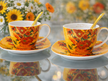 Sada dekorovaných kvetinových šálok s podšálkami a lyžičkami, farebné, 250 ml