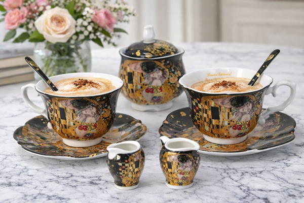 Kávová súprava, Klimt, bozk, tmavá