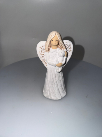 Sádrový anjel LUCYNKA s mackom, biely, 18x9 cm