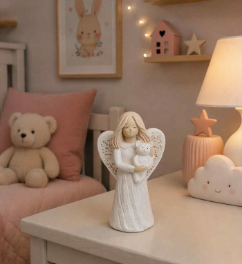 Sádrový anjel LUCYNKA s mackom, biely, 18x9 cm