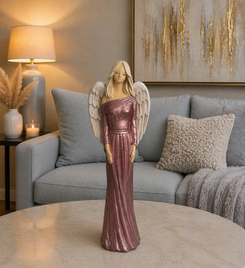 Dekoračný sadrový anjel PAULA, perleť-ružový, 41x15 cm