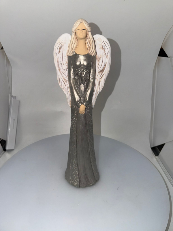 Dekoračný sadrový anjel HANNA, sivá perleť, 40x13 cm