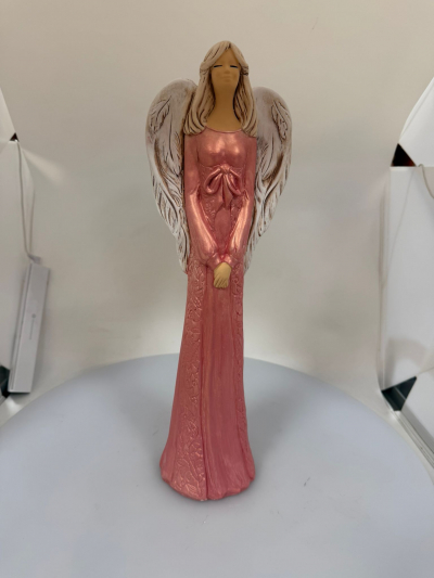 Dekoračný sadrový anjel HANNA, ružovo-modrá perleť, 40x13 cm