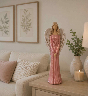 Dekoračný sadrový anjel HANNA, ružovo-modrá perleť, 40x13 cm