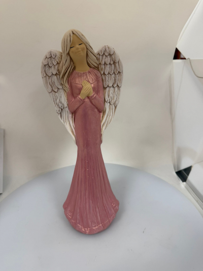 Dekoračný sádrový anjel, FIONA, perleť - ružová, 38x14 cm