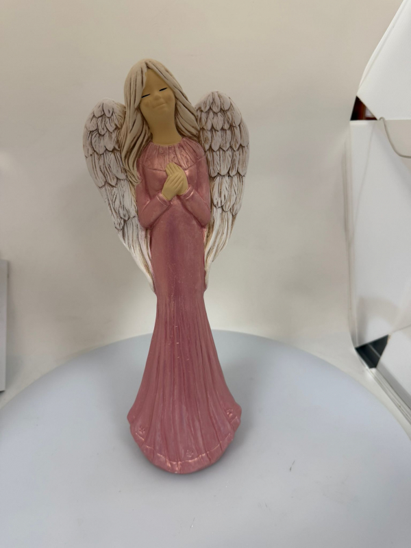 Dekoračný sádrový anjel, FIONA, perleť - ružová, 38x14 cm